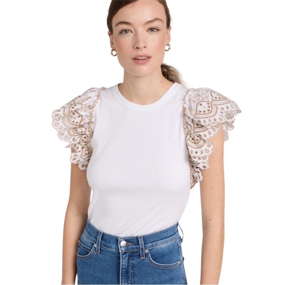 Veronica Beard Julianka Embroidered Flutter Sleeve Top Size Small